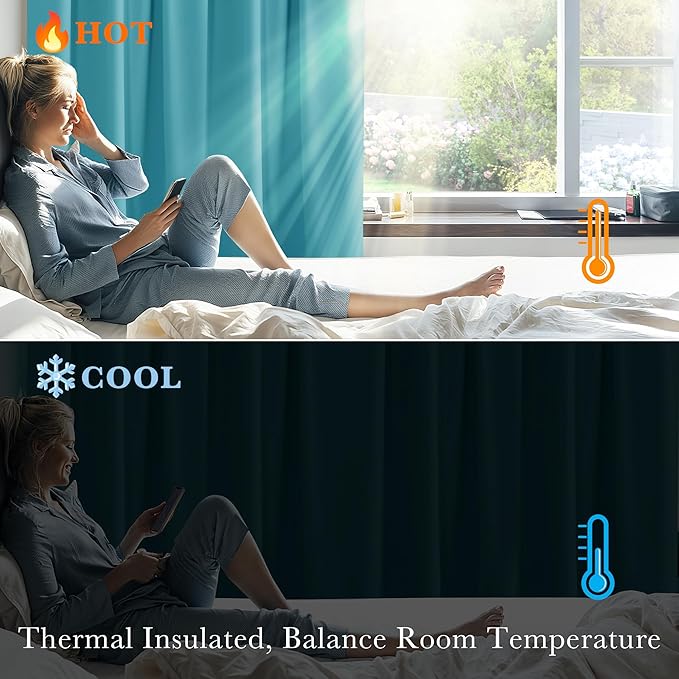 PONY DANCE Room Darkening Curtains - Bedroom Window Treatment Panels Back Tab/Rod Pocket Short Blackout Curtains Light Filtering Elegant Home Decoration, 42 by 45 Inches, Blue Mist, 1 Pair