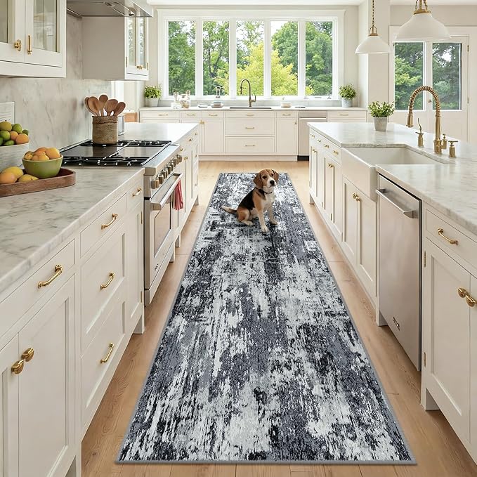Washable Area Rugs 2'6''x10 Non-Slip Modern Abstract Soft for Living Room Entryway Bedroom Nursery, Print Pattern, Black Navy Blue Gray