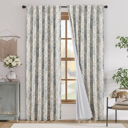 jinchan Blackout Floral Curtains for Living Room Bedroom Linen Blend Curtain Farmhouse Grey Printed with Lined Back Tab Rod Pocket Drapes Window Treatments 2 Panels 84 Inch Gray