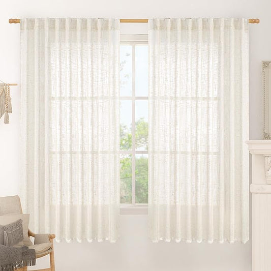 LAMIT Light Filtering Linen Curtains 63 inches Long, Cream Linen Textured Semi Sheer Back Tab and Rod Pocket Boho Drapes for Bedroom/Living Room, 2 Panels, 70 x 63 Inch