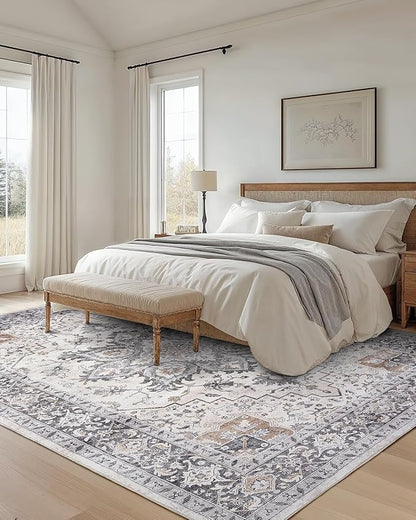 AMADA HOMEFURNISHING 9x12 Washable Area Rug, Low-Profile Large Area Rug with Non-Slip Backing & Durable Edge Binding, Vintage Large Rugs for Living Room, Bedroom & Dinning Room