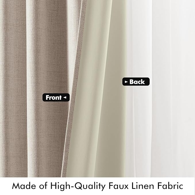 MIULEE 100% Blackout Linen Curtains for Bedroom, Khaki Solid Luxury Decor Thermal Insulation Room Darkening Drapes for Living Room Nursery Back Tab Rod Pocket 42 x 96 Inches, 2 Panels