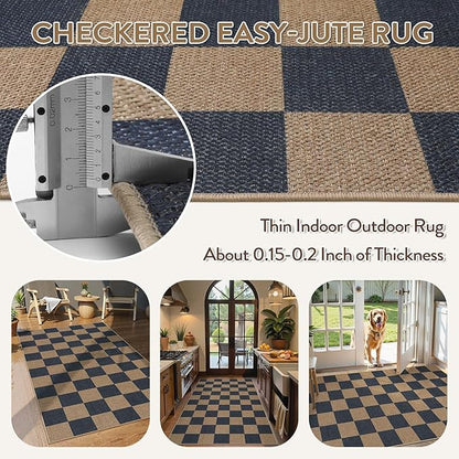 Lahome Colette Checkered Easy Jute Indoor Outdoor Carpet, 3x5 Washable Rugs for Entryway Living Room Farmhouse Area Rug, Non Slip Blue Checkerboard Indoor Door Mat for Entry Patio Deck