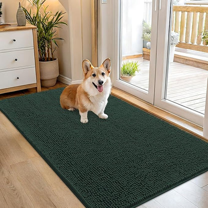 OLANLY Dog Door Mat for Muddy Paws 54x32, Absorbs Moisture and Dirt, Absorbent Non-Slip Washable Doormat, Quick Dry Chenille Mud Mat, Entry Indoor Entryway Carpet for Inside Floor, Blackish Green