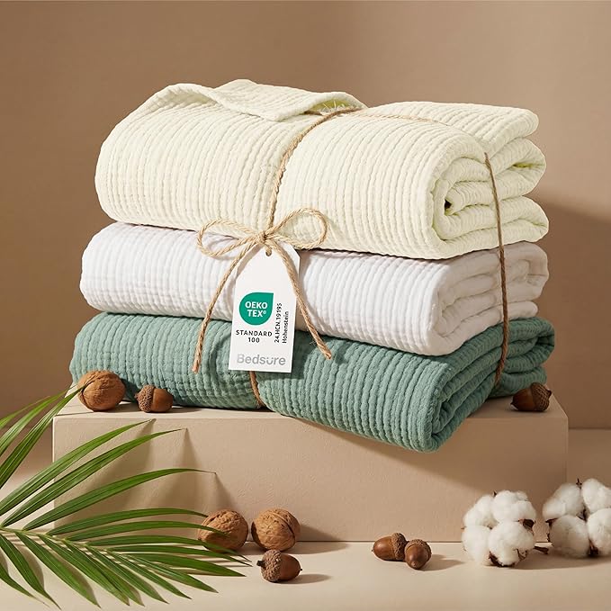 Bedsure 100% Cotton Muslin Throw Blanket Twin XL for Bed - 4-Layer Breathable and Lightweight Thin Soft Summer Gauze Muslin Blankets for Adults, Cream, 66x90 Inches
