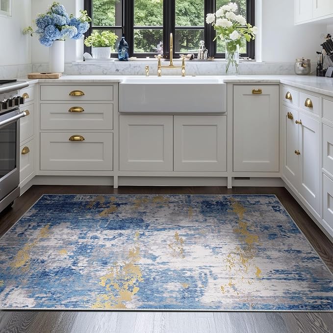 Washable Area Rugs 4'x6' Non-Slip Modern Abstract Soft for Living Room Entryway Bedroom Nursery, Print Pattern, Grey Blue Gold/Golden