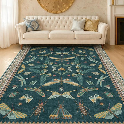 Hazo Haus Insect Blue Green Living Room Rug 5x8 - Washable Area Rug for Bedroom, Dining Room, Kids Playroom, Home Office, Boho Butterfly Non Slip Stan Resistant