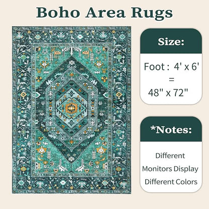 SERISSA 4x6 Boho Bedroom Rug, Washable Non Slip Vintage Teal Area Rugs, Ultra Soft Print Distressed Tribal Entry Rug Low-Pile Throw Carpet for Nursery Dorm Kitchen Living Room Decor