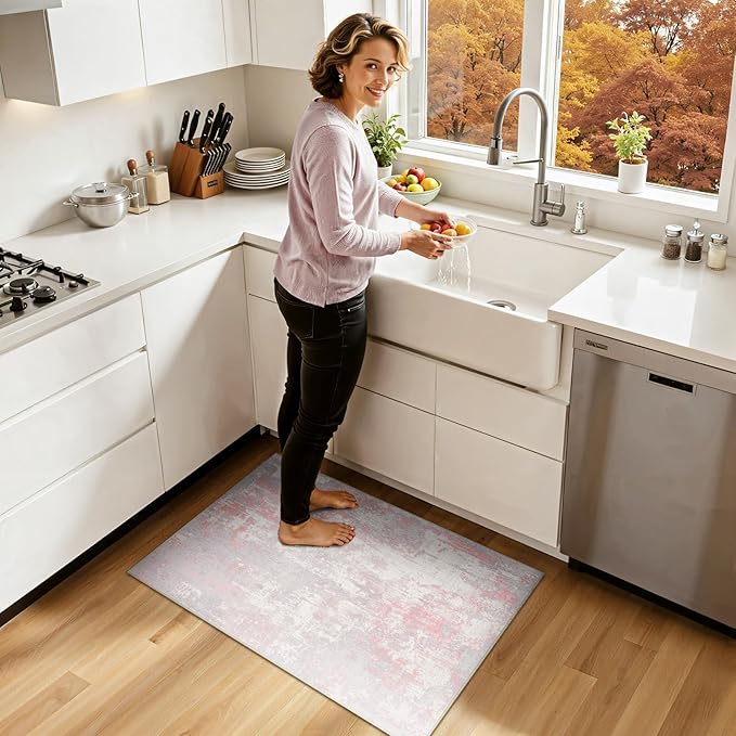 Washable Area Rugs 2'x3' Non-Slip Modern Abstract Soft for Living Room Entryway Bedroom Nursery, Print Pattern, Grey Pink