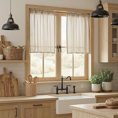 MYSKY HOME Semi Sheer Light Oatmeal Curtains 36 Inches Long for Kitchen 2 Panels, Light Filtering Cream Tiers Curtains Rod Pocket Neutral Window Drapes for Bathroom/Cafe/Basement, Taupe, 34 x 36 Inch