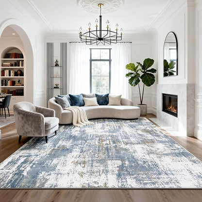 Washable Rugs 8x10 Area Rugs for Living Room,Modern Abstract Rugs for Bedroom,Large Carpets,Ultra Soft Faux Wool Dining Room Rug,Non Slip Low Pile Print Rug- Blue- (White-Reddish Brown)