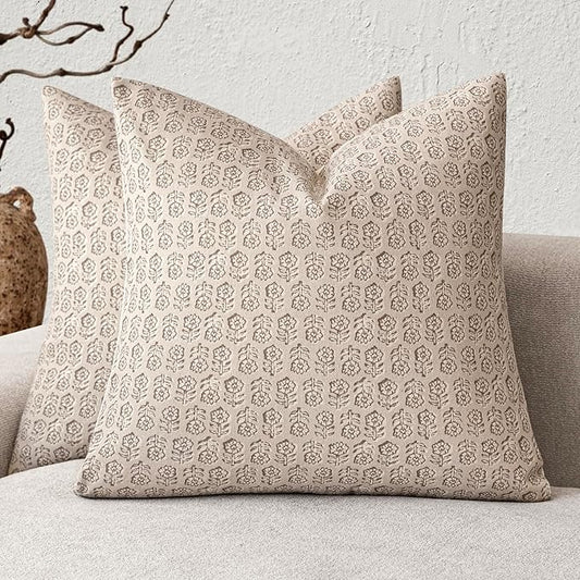 Foindtower Set of 2 Decorative Neutral Floral Print Throw Pillow Covers Vintage Accent Farmhouse Cushion Covers Boho Home Decor for Sofa Couch Chair Bedroom Living Room,22×22 Inch,Ivory Beige