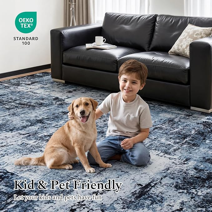 Rugflix Round Area Rugs 8Ft for Living Room, 8x8 Washable Rug Stain-Resistant Low Pile, Modern Dark Carpet for Dining Room Home Office Kid Room Nursery Bedroom, Navy Blue/Black