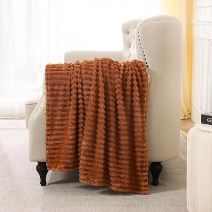 Burnt Orange Fleece Throw Blanket 108”×90” for Couch Sofa Bed,Super Soft Cozy Plush Microfiber Flannel Blanket with Stripes Design Lightweight for Adults,Woman,Girls