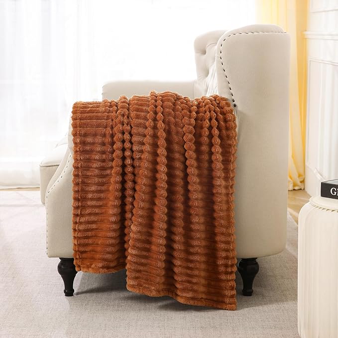 Burnt Orange Fleece Throw Blanket 60”×80” for Couch Sofa Bed,Super Soft Cozy Plush Microfiber Flannel Blanket with Stripes Design Lightweight for Adults,Woman,Girls