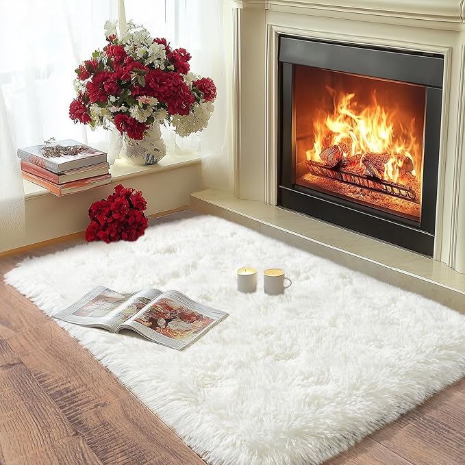 Pionblank Fluffy Small Rug for Bedroom 2x3 Feet, Shag Soft Area Rug, Modern Plush Carpet, Furry Cute Bedside Rug for Kids Girls Boys Room Nursery Decor, Cream White