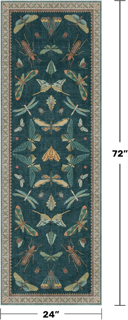 Hazo Haus Brown and Green Kitchen Sink Runner Rug 2x6 - Teal Boho Bathroom Rugs for Entrance Indoor, Insect Print Floral Vintage, Washable Non Skid Stain Resistant