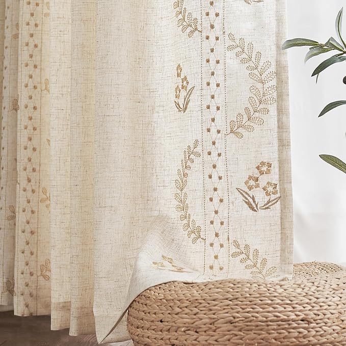 jinchan Belrose Linen Curtains for Bedroom Floral Curtains 96 Inch Length Linen Blend Beige Embroidered Drapes Farmhouse Flower Patterned Drapes for Living Room Window Treatments Set 2 Panels