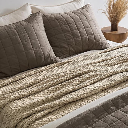 EVERGRACEHOME Chunky Chenille Knit Throw Blanket for Couch, Soft Luxurious Oversized Queen Moss Stitch Blanket for Bed, Cozy Farmhouse Knitted Throw for Sofa, Sand Dune, 90" x 90"