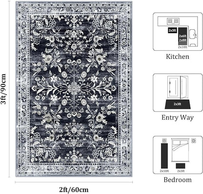 Yamaziot Washable Runner Rug 2x3 – Non Slip Small Entryway Rug Boho Floral Rug with Rubber Backing, Low Pile Faux Wool Distressed Carpet for Indoor Door Mat, Kitchen, Laundry Entrance, Navy/Black