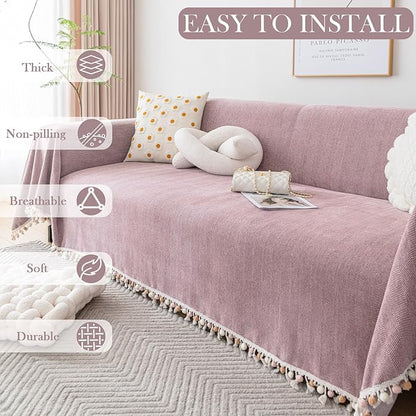 HANDONTIME Soild Couch Covers for Dogs Pink-Purple Sofa Covers Boho Cover for Sofa 3 Seats Chenille Sofa Throw Cover Mauve Sofa Covers for 3 Cushion Couch Tassel, Washable, Pet Friendly, 91" X134"