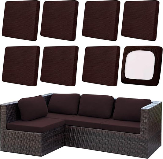 8Pcs Outdoor Cushion Covers, Patio Cushion Covers,Stretch Elastic Slipcovers, Replacement Washable & Reusable Furniture Protector for Patio Couch,Thick Jacquard Fabric(Coffee, Cover Only)