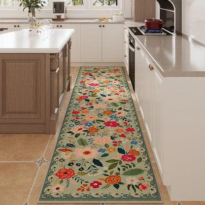 Rugcomf Runners for Hallways Kitchen Runner Rug Non Slip 2'x 10' Long Washable Rugs with Rubber Backing Soft Floral Carpet Runner for Hallways, Kitchen, Laundry, Bedroom, Bathroom(Green)