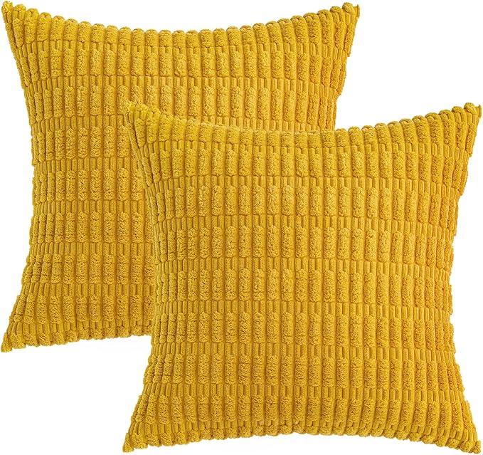 MIULEE Pack of 2 Corduroy Decorative Euro Sham Throw Pillow Covers 22x22 Inch Soft Boho Striped Pillow Covers Modern Farmhouse Home Decor for Summer Sofa Living Room Couch Bed Mustard Yellow