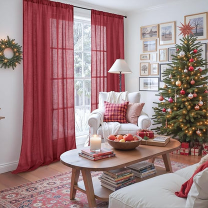BGment Burgundy Curtains for Living Room 84 Inches Long 2 Panels Set, Linen Window Drapes Semi Sheer Light Filtering with Rod Pocket for Bedroom Dining Decor Lightweight, 52 X 84 Inch