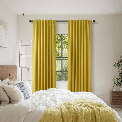 Guken 100% Blackout Curtains 108 Inch Length 2 Panels Set for Living Room Bedroom Back Tab Thermal Insulated Black Out Linen Drapes Room Darkening Celery Yellow,52x108