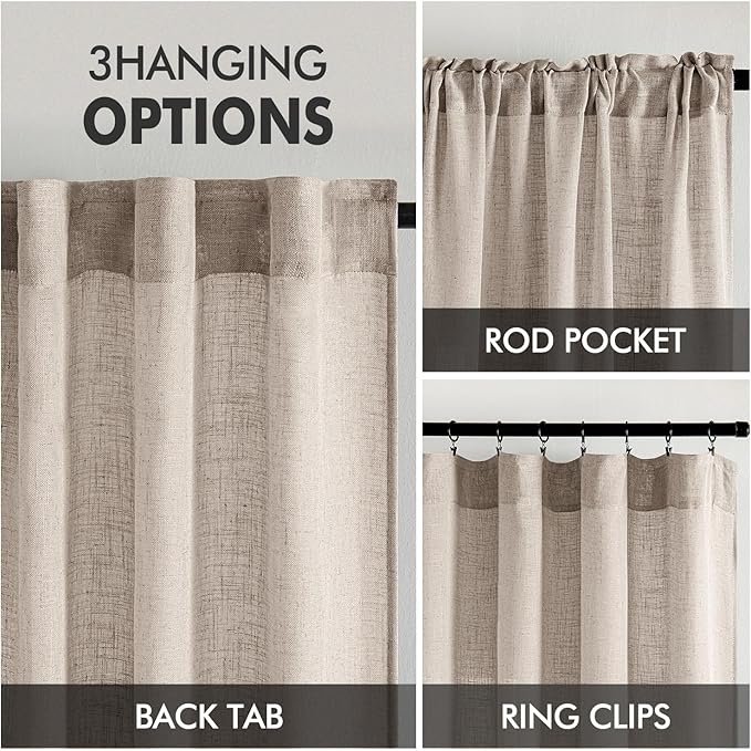 MIULEE Natural Linen Curtains 90 Inch Long 2 Panels for Bedroom Living Room, Soft Linen Textured Window Drapes Semi Sheer Light Filtering Back Tab Rod Pocket Farmhouse Modern Burlap Look Decor