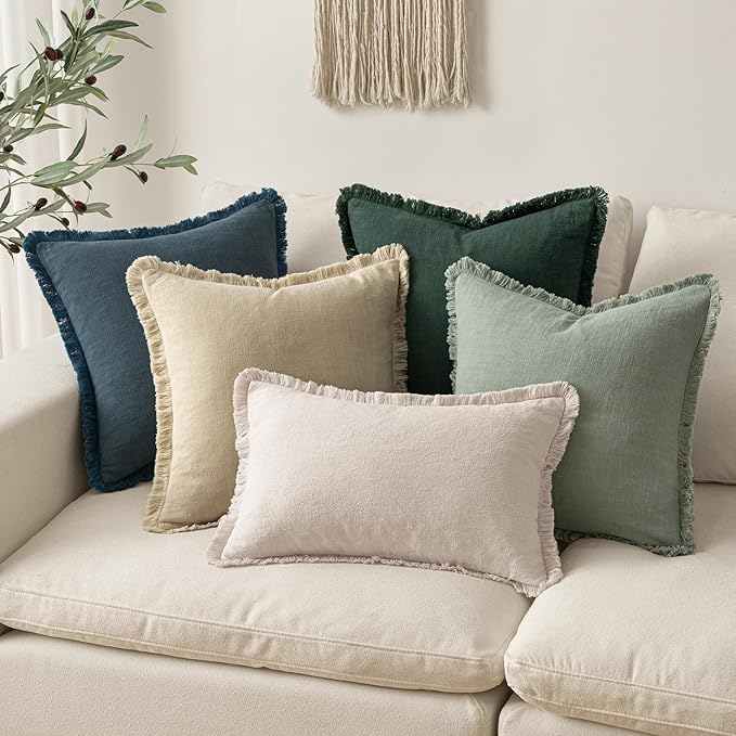 MIULEE Decorative Throw Pillow Covers Neutral Linen Fringe Throw Pillows Euro Shams Set of 2 Navy Blue Boho Farmhouse Cushion Covers for Couch Sofa Bed Living Room Spring Home Decor 24x24 Inch