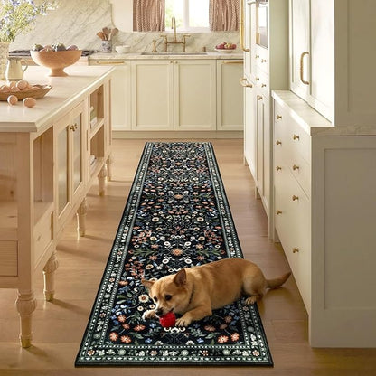 Yamaziot Washable Runner Rug 2x8 – Boho Non Slip Floral Hallway Runner Rug with Rubber Backing, Low Pile Distressed Carpet for Kitchen, Laundry, Bedroom, Entrance, Colorful Black