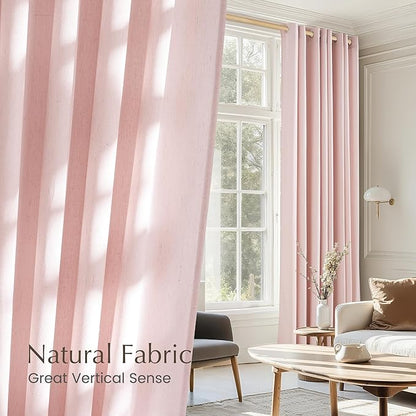 NICETOWN Thick Linen Light Pink Curtains for Kids Room, Grommet Flax Linen Privacy Added with Light Filtering Window Treatments for Girls Room, W55 x L96, 2 Panels