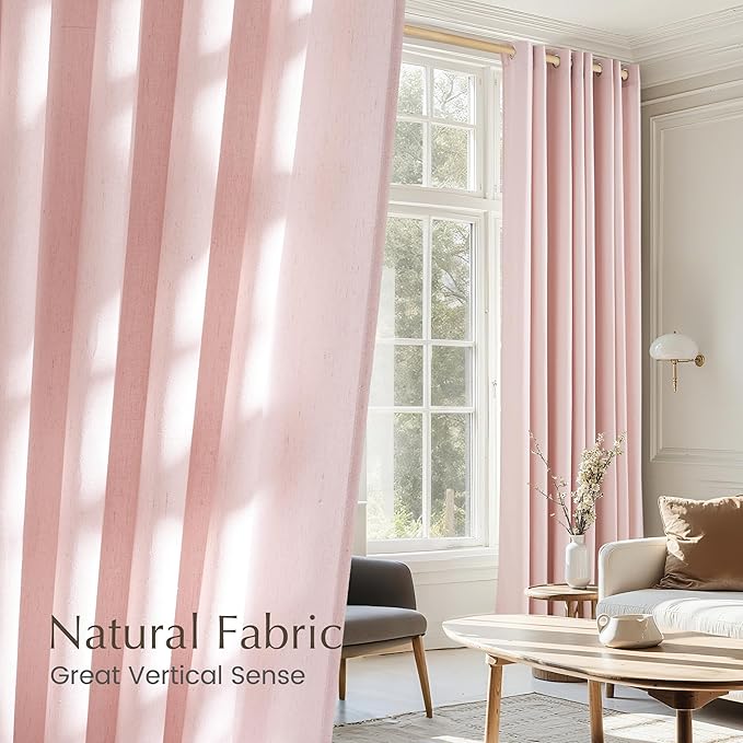 NICETOWN Linen Light Pink Sheer Curtains for Girls Room, Thick Flax Small Window Treatments Semi Sheer Privacy Assured with Light Through for Bedroom/Living Room, W55 x L84, 2 Panels