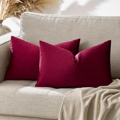 GIGIZAZA Burgundy Velvet Pillow Covers: Pack of 2 Lumbar Throw Pillows Soft Solid Covers - Decorative 12x20 Couch Small Cushion Covers Used for Chrismas Room Decor,Living Room,Bedroom
