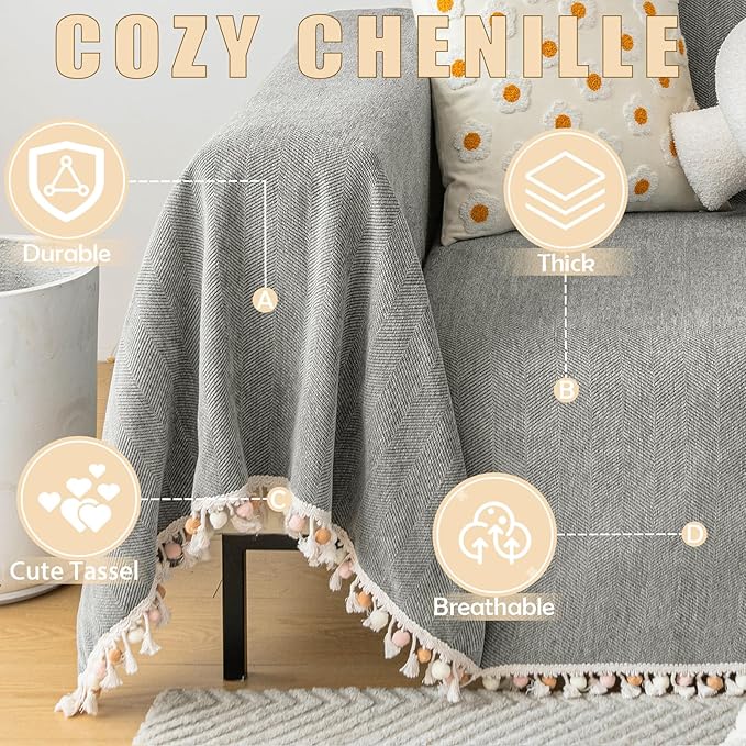 HANDONTIME Couch Slipcovers for Sofas Dark Grey Couches Cover Sofa Cover for Dogs Boho Pet Couch Protector with Tassel Sectional Throw Cover Chenille Herringbone Sofa Cover for 2 3 Seat, 91" X118"