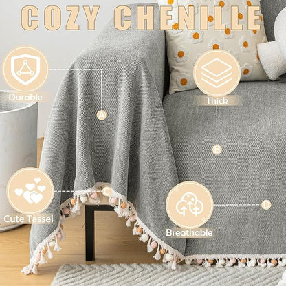 HANDONTIME Couch Slipcovers for Sofas Dark Grey Couches Cover Sofa Cover for Dogs Boho Pet Couch Protector with Tassel Sectional Throw Cover Chenille Herringbone Sofa Cover for 2 3 Seat, 91" X118"