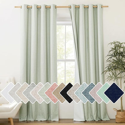 NICETOWN Sage Green Linen 100% Blackout Curtains 120 inches Length with Thermal Insulated Liners, 2 Panels, 52 inches W, Farmhouse Style Extra Long Window Draperies for Patio Sliding Glass Door
