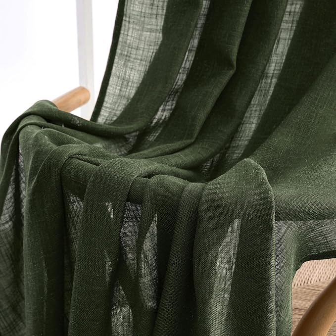 MIULEE Olive Green Linen Curtains 54 Inch Length 2 Panels for Bedroom Living Room, Soft Thick Linen Textured Natural Short Window Drapes Semi Sheer Light Filtering Back Tab Burlap Look Decor