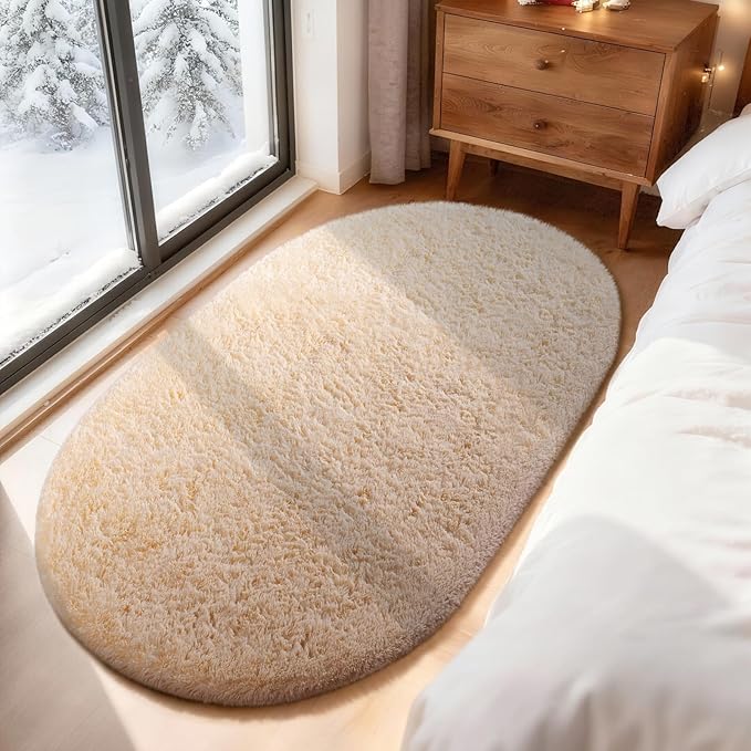 Ophanie 3x5 Oval Rug, Bedside Preppy Dorm Area Rug, College Essentials Non Slip Beige Small Carpets for Bedroom, Anti Slip Fluffy Living Room Rugs Home Decor Aesthetic, Nursery