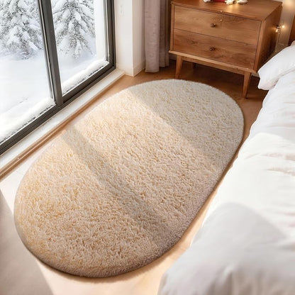 Ophanie 3x5 Oval Rug, Bedside Preppy Dorm Area Rug, College Essentials Non Slip Beige Small Carpets for Bedroom, Anti Slip Fluffy Living Room Rugs Home Decor Aesthetic, Nursery