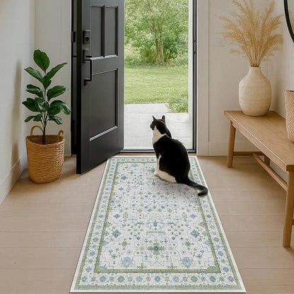 Hazo Haus Blue and Green Washable Rugs 3x6 - Vintage Boho Floral Pastel Cream, Washable Low Pile Non Slip Small Throw Accent Area Rug for Entry Way, Laudry Room, Kitchen, Bedroom Beside Bed Decor