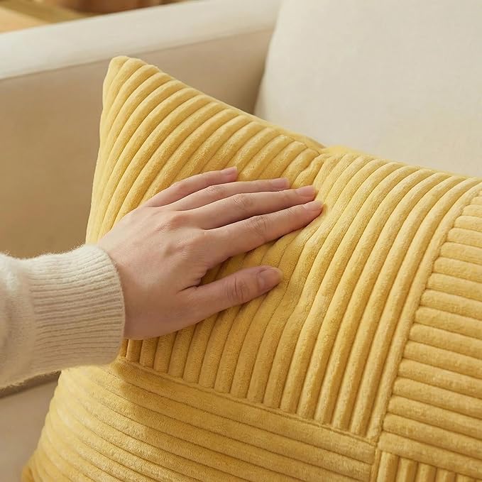 Fancy Homi 2 Packs Yellow Euro Decorative Throw Pillow Covers 26x26 Inch for Couch Bed Sofa, Rustic Farmhouse Boho Home Decor, Soft Corss Corduroy Patchwork Textured Square Cushion Case 66x66 cm