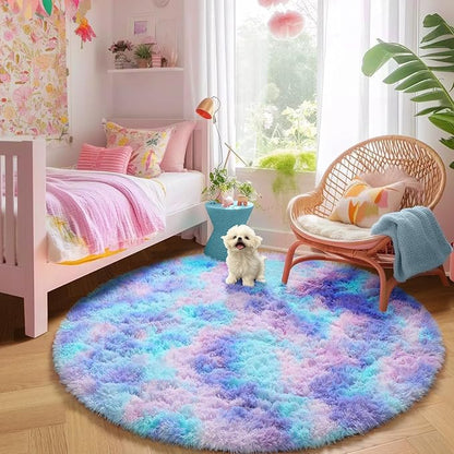 Amdrebio Purple Rainbow Small Round Rug 3Ft for Bedroom Girls Room Decor, Mermaid Stitch Frozen Kids Rugs for Playroom Nursery Dorm, Fluffy Furry Cute Shag Carpet, Kawaii Circle Area Rugs for Baby