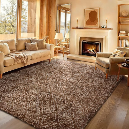 Ophanie Brown and White Diamond Striped Rugs for Living Room 8x10, Fluffy Shag Large Fuzzy Plush Soft Carpets, Shaggy Rugs for Bedroom, Carpet for Kids Boys Girls Dorm Nursery Home Decor Aesthetic