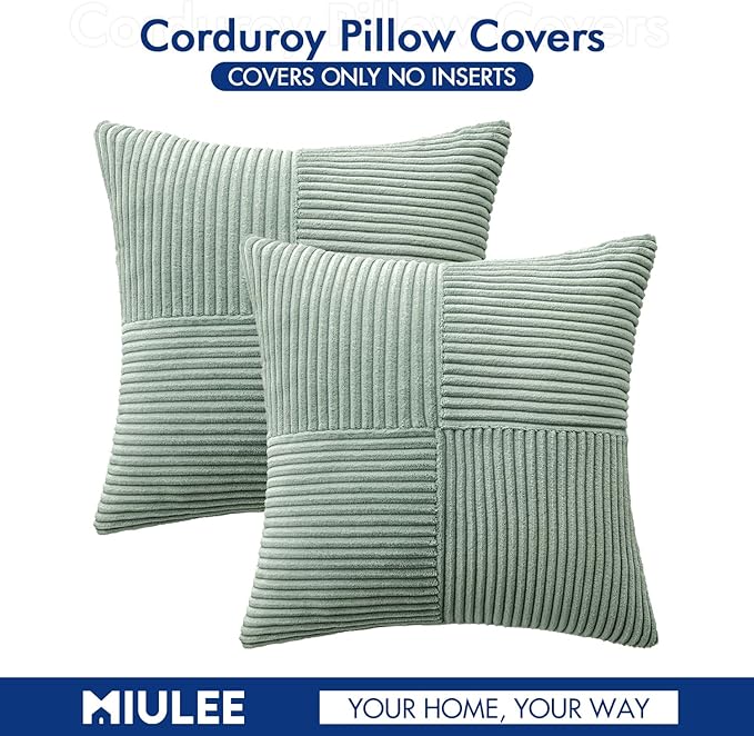 MIULEE Greyish Green Decorative Euro Sham Pillow Covers 24x24 Inch for Bed Couch Sofa Spring Decor Pack of 2 Boho Farmhouse Throw Pillows Soft Cross Corduroy Patchwork Textured Cushion Cases