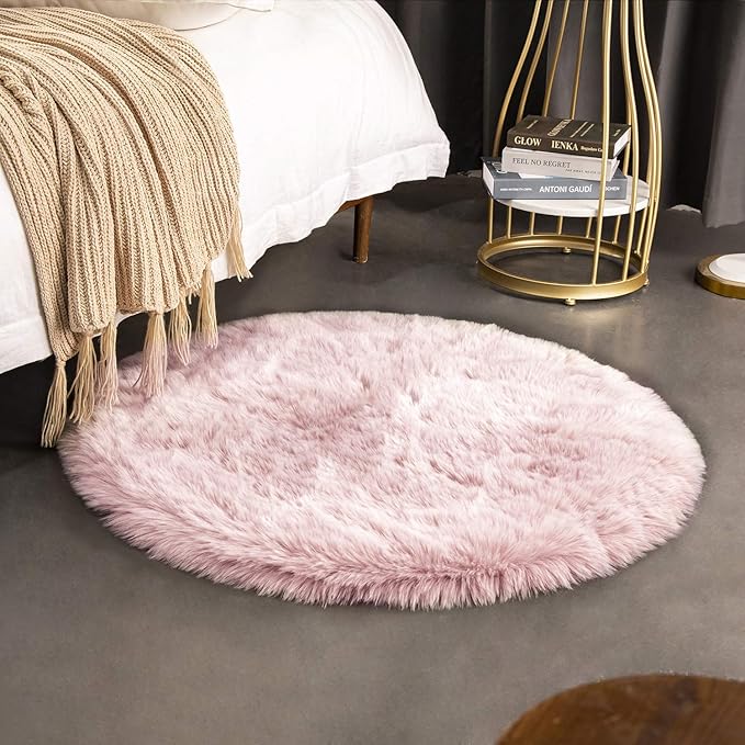 Ashler HOME DECO Soft Fox Faux Fur Chair Couch Cover Area Rug for Bedroom Floor Sofa Living Room Pink White 3 x 3 Feet Round