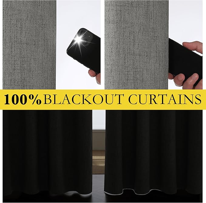NICETOWN Grizzle Gray Vintage Linen 100% Blackout Curtains for Living Room, Thermal Insulated Curtains 95“ Long, Noise Reducing Window Treatment Drapes for Home Office, 62" Wide Per Panel, Set of 2
