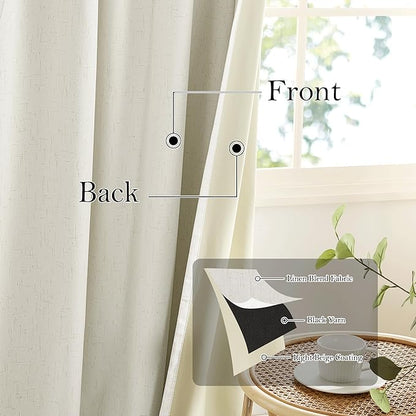 RYB HOME Cream White Linen Blackout Curtains, 100% Blackout Thermal Insulated Boho Farmhouse Window Curtain Panels for Living Room, Back Tab & Rod Pocket, 52" W x 96" L, 2 Panels Set
